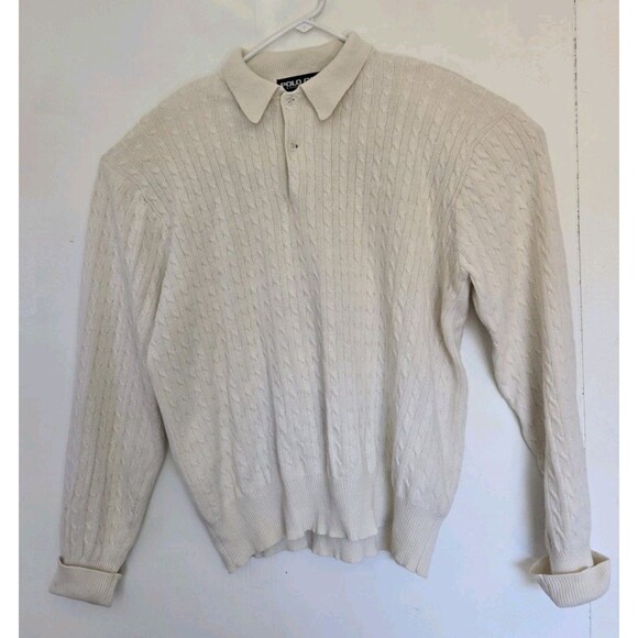 VTG Polo Ralph Lauren Mens Medium Cable Knit Collared Golf Sweater Off White - Picture 1 of 7